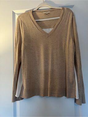 Loft Lightweight V-Neck Layered Look Sweater Camel with Sheer Chiffon Back